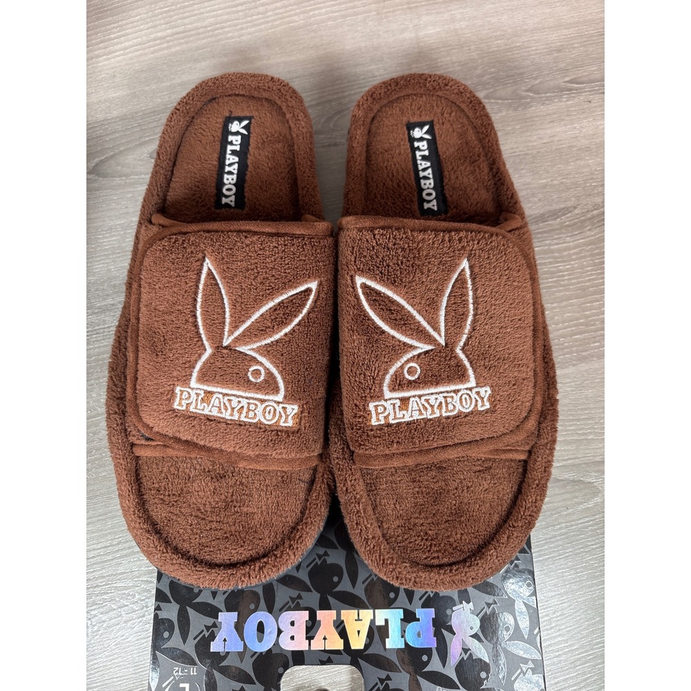 Playboy Mens Brown Adjustable Memory Foam Slippers Bunny Logo Slides Sz XL 13-14